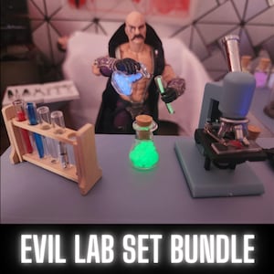 May include: A set of evil lab props, including a wooden test tube rack with colorful liquids, a green glowing potion bottle, and a blue microscope on a white base. The text "EVIL LAB SET BUNDLE" is at the bottom of the image.
