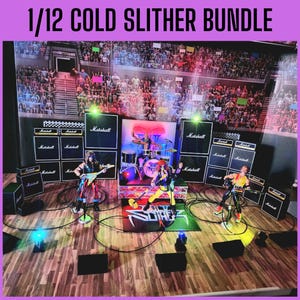 May include: A miniature rock concert stage set with three figures playing instruments. The stage features Marshall amplifiers, a drum set, and a colorful stage rug. The text "1/12 COLD SLITHER BUNDLE" is at the top of the image.