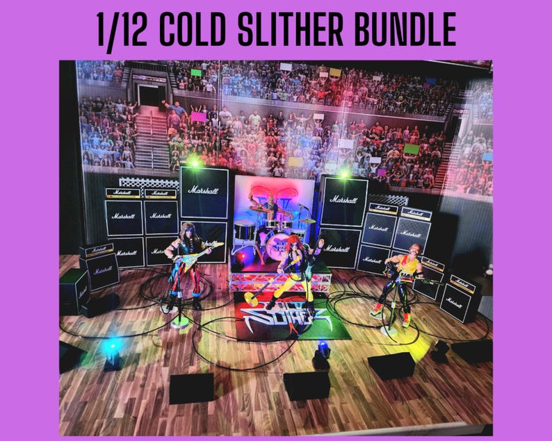May include: A miniature rock concert stage set with three figures playing instruments. The stage features Marshall amplifiers, a drum set, and a colorful stage rug. The text "1/12 COLD SLITHER BUNDLE" is at the top of the image.