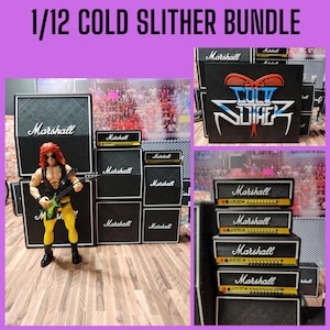 May include: A 1/12 Cold Slither Bundle featuring a rock and roll action figure with a guitar, surrounded by Marshall amplifiers. The amplifiers are black with gold trim and the Marshall logo. The text "COLD SLITHER" is also visible.