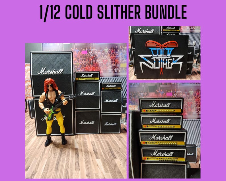 May include: A 1/12 Cold Slither Bundle featuring a rock and roll action figure with a guitar, surrounded by Marshall amplifiers. The amplifiers are black with gold trim and the Marshall logo. The text "COLD SLITHER" is also visible.