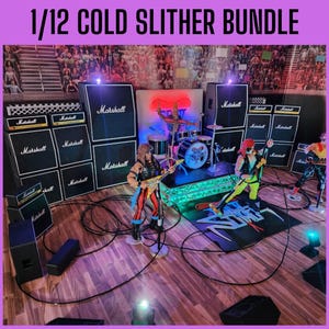 May include: A 1/12 Cold Slither Bundle featuring a miniature rock concert stage. The stage includes Marshall amplifiers, a drum set, and action figures of band members. The stage is set on a wooden floor with a crowd backdrop.