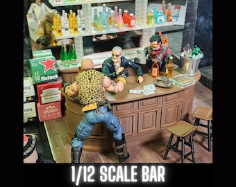 May include: A 1/12 scale bar with a brown countertop and a back bar with shelves. The bar has a brown wood grain finish and includes two bar stools. There are several bottles of liquor on the shelves, as well as a few cans of beer. The bar is decorated with a few small plants and a sign that says "1/12 Scale Bar".