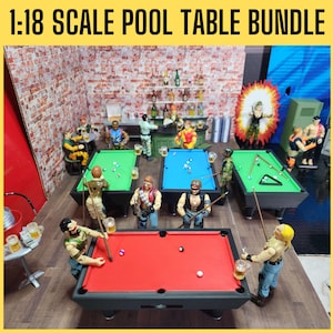 May include: A collection of 1:18 scale pool tables with miniature figurines. The tables have red, green, and blue felt surfaces. The scene includes a miniature bar and various figurines playing pool. The text "1:18 SCALE POOL TABLE BUNDLE" is at the top.