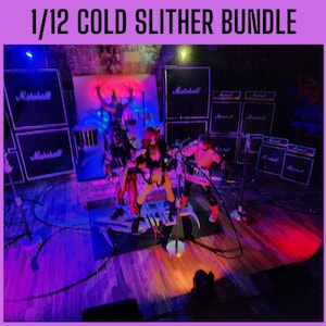 May include: A stage setup with Marshall amplifiers and two action figures. The figures are posed as if performing, with one holding a guitar. The text "1/12 COLD SLITHER BUNDLE" is at the top of the image.