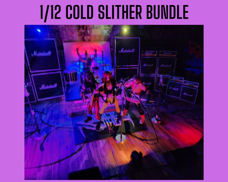 May include: A stage setup with Marshall amplifiers and two action figures. The figures are posed as if performing, with one holding a guitar. The text "1/12 COLD SLITHER BUNDLE" is at the top of the image.