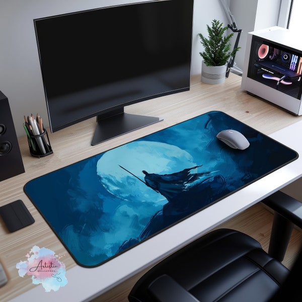 Japanese Blue Samurai Desk Mat, Full Moon Mouse Pad, Watercolor Art Keyboard Mat, XL Mousepad, Gift for Gamers, Japan Home and Office Decor