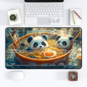 May include: A black and white panda bear and a black and white panda cub are floating in a bowl of ramen noodles. The bowl is orange and has a white rim. The noodles are yellow and there is a white egg in the bowl. The background is a blue and green watercolor wash. The text "Life", "Battlefield", "Command Zone", "Library", "Graveyard", and "Lands" are written on the image.
