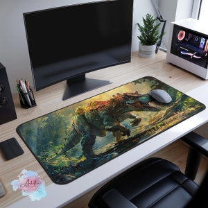 T-rex Dinosaur Green Desk Mat, TCG Playmat with Zones, Card Game Playmats, Gift for Him and Gamers, Large Desk Pad, Desk Decor Aesthetic