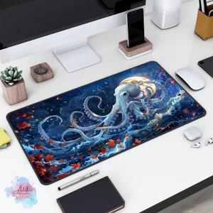 White Octopus Full Moon Desk Mat, Kawaii Ocean Mouse Pad, Octopus Art, XL Mousepad, Gamer Gifts, Gift for Him, Home and Office Decor