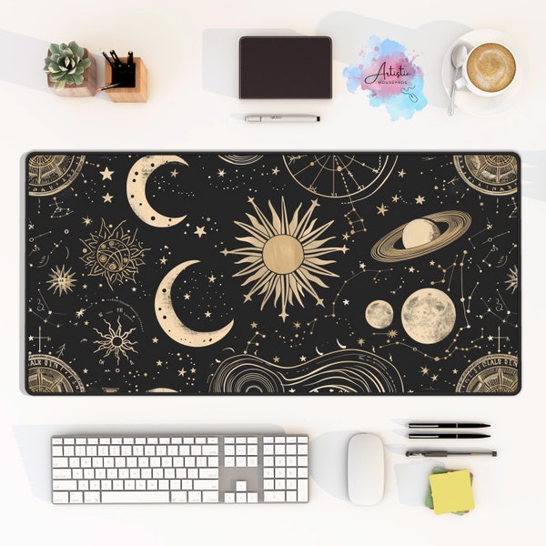 Kawaii Celestial Desk Mat, Astrology Desk Decor, Zodiac Large Mousepad, Crescent Moon Keyboard Mat, Astrology Lovers Gift, Tech Accessories