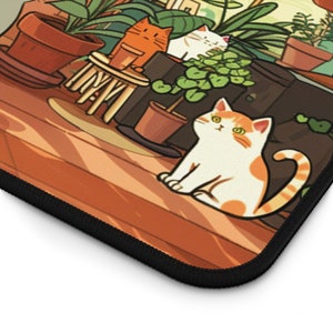K&ouml;nnte beinhalten: Eine farbenfrohe Illustration von drei Katzen und Topfpflanzen auf einer Holzoberfl&auml;che. Die Katzen sind orange, wei&szlig; und orange-wei&szlig;. Die Pflanzen sind gr&uuml;n und braun. Die Oberfl&auml;che ist braun und hat eine Holzmaserung.