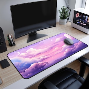 Cute Clouds Desk Mat, Pastel Pink Kawaii Desk Pad, Anime Gaming Mousepad, Large Mouse Pad Office Decor, Desk accessories