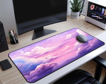 May include: A large purple and pink gaming mouse pad with a design of clouds and stars. The mouse pad is on a wooden desk with a computer monitor, a computer tower, and a potted plant.