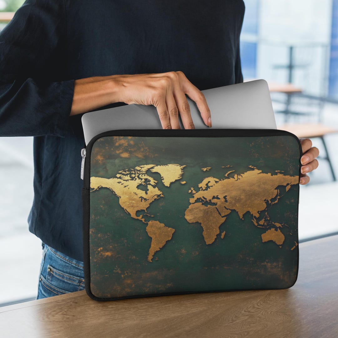 Green and Gold World Map Laptop Bag, Cool Travel Lovers Laptop Case 12 ...