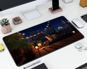 Kawaii Cat Mouse Pad: Lo-fi Balcony Scene Desk Mat