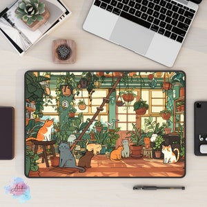 K&ouml;nnte beinhalten: Eine digitale Illustration eines Raumes voller Pflanzen und Katzen. Der Raum hat eine gr&uuml;ne Wand, einen Holzboden und eine Leiter. Es gibt viele Pflanzen in T&ouml;pfen, darunter Farne, Sukkulenten und Ranken. Es gibt auch mehrere Katzen im Raum, darunter eine getigerte Katze, eine dreifarbige Katze und eine schwarze Katze. Die Katzen sitzen, stehen und schlafen in verschiedenen Positionen.