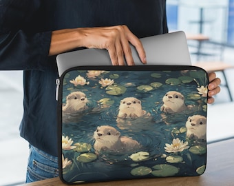 Chibi Otter Laptop Bag, Cute Lo-fi Laptop Case 12 13 15 inch, Floral MacBook Case Graduation Gift, Tech Accessories Gifts for Animal Lovers