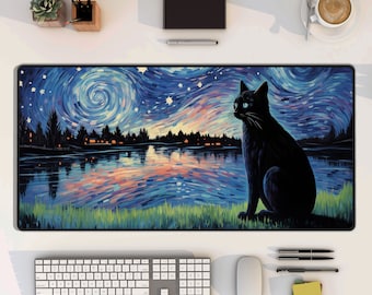 Kawaii Cat Desk Mat, Van Gogh's Starry Night Mouse Pad, Tranquil Office Decor, Cat Lovers Mouse Pad, Peaceful Night Scene Desk Mat