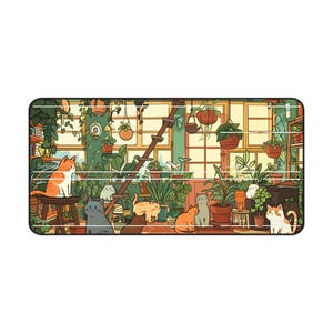 K&ouml;nnte beinhalten: Eine farbenfrohe Illustration eines Raumes voller Pflanzen und Katzen. Der Raum hat eine Holzleiter, ein Fenster und eine T&uuml;r. Es befinden sich acht Katzen im Raum, alle in verschiedenen Farben und Rassen. Die Katzen sitzen, stehen und liegen. Die Illustration ist im Cartoon-Stil gehalten.