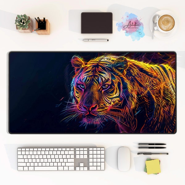 Neon Tiger Desk Mat Cute, Colorful Desk Decor Aesthetic, Large Mouse Pad, Keyboard Mat, Gamer Gifts, Gift for Him, Home and Office Decor