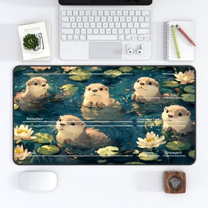 May include: A blue and green mousepad with a design of otters swimming in a pond with lily pads. The mousepad has the words "Battlefield", "Command Zone", "Library", "Graveyard", and "Life" printed on it.
