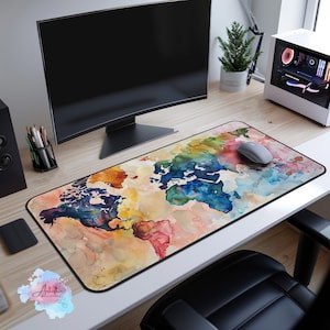 Aquarell Weltkarte Schreibtischmatte, einzigartige bunte Schreibtischunterlage, Geschenk für Reiseliebhaber, Earth Day Geschenk, Home Office Schreibtischästhetik