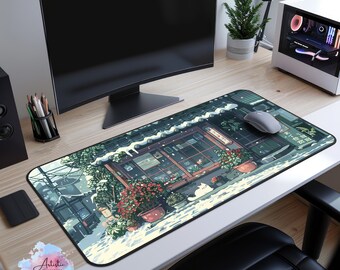 Kawaii Japanese Cat Desk Mat, Floral Lofi Mousepad, Winter Pixel Art Desk Pad, Cute Gaming Mouse Pad, Home and Office Decor