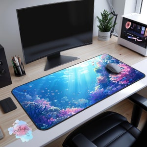 Deep Sea Anime Desk Mat, Kawaii Fish Blue Mouse Pad, Vibrant Coral Reef Aquatic Scene, XL Mousepad, Cute Office Desk Decor