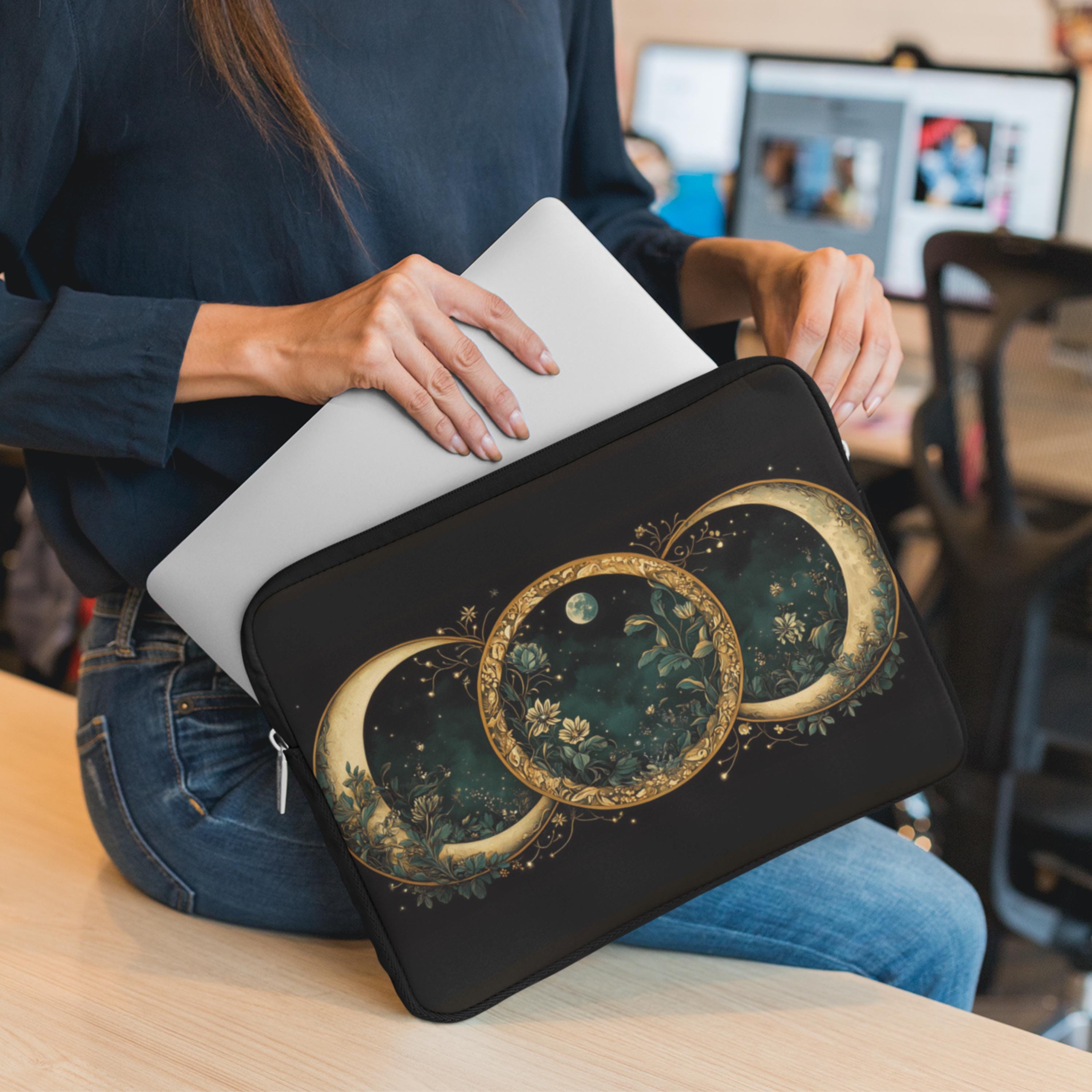 Gold Cottagecore Witchy Laptop Bag, Green Dark Academia Laptop Case 12 13 15 inch, Crescent Moon MacBook Case, Graduation Gift for Students
