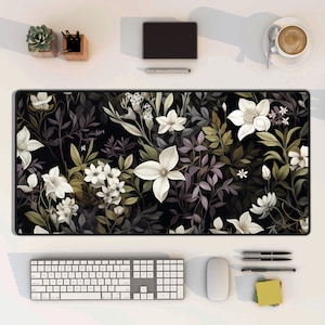 Cottagecore Desk Mat, Nature Lover Mouse Pad, Garden Themed Desk Mat, Dark Botanical Mouse Pad, Vintage Art Style, Wildflower Office Decor