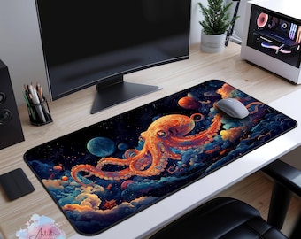 Orange Space Octopus Mouse Pad, Colorful Magic TCG Playmat with Zones, Psychedelic Galaxy Gaming XL Desk Mat, Gift for Octopus Lovers
