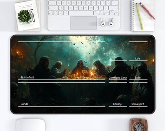 May include: A dark green and black gaming mat with a fantasy illustration of four figures sitting around a table. The mat is divided into sections labeled "Battlefield", "Command Zone", "Exile", "Lands", "Library", "Graveyard", and "Life".