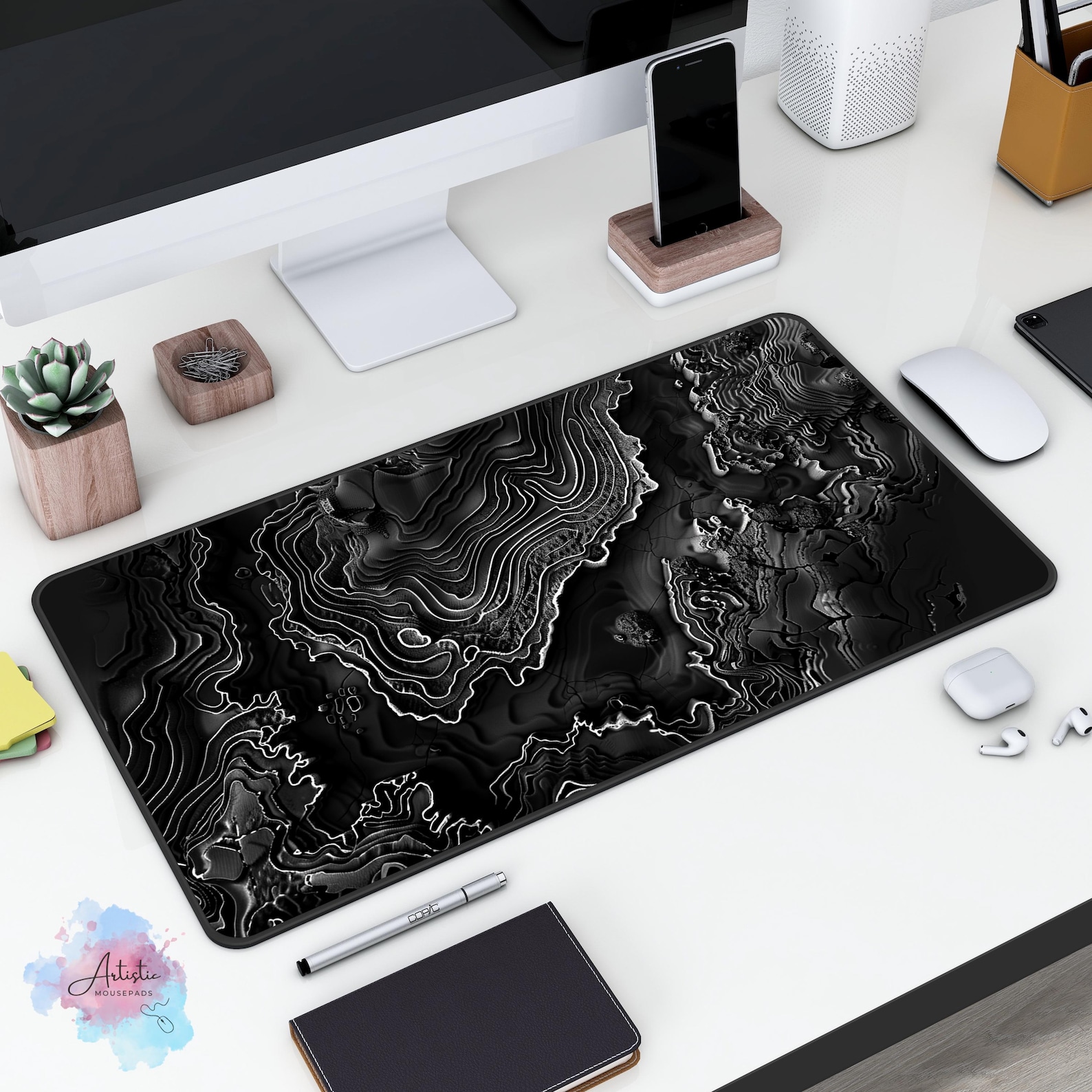 Dark Abstract Topographical Map Desk Mat, TCG Playmat With Zones Gift ...