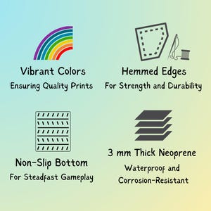 K&ouml;nnte beinhalten: Eine farbenfrohe Spielmatte mit einem Regenbogenmuster, abgesteppten Kanten, einer rutschfesten Unterseite und einer 3 mm dicken Neoprenschicht. Die Matte ist wasserdicht und korrosionsbest&auml;ndig.