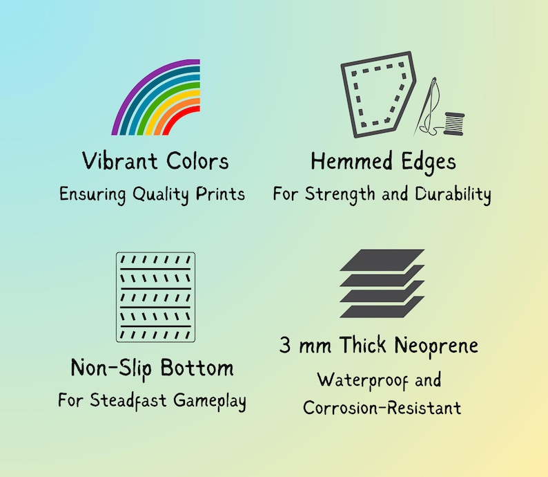 K&ouml;nnte beinhalten: Eine farbenfrohe Spielmatte mit einem Regenbogenmuster, abgesteppten Kanten, einer rutschfesten Unterseite und einer 3 mm dicken Neoprenschicht. Die Matte ist wasserdicht und korrosionsbest&auml;ndig.