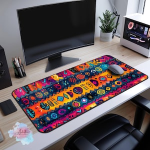 Boho Tribal Pattern XL Mouse Pad, Ethnic Abstract Art Dopamine Desk Decor, Colorful Hippie Desk Mat Gifts, Cool Home Office Desk Decor