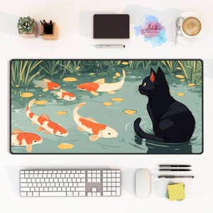 May include: A black cat sits on a rock in a pond with orange and white koi fish swimming around it. The pond is surrounded by green lily pads and reeds. The background is a light blue sky.