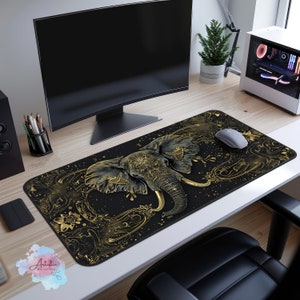 Tapis de bureau éléphant noir et or, tapis de souris céleste, tapis de jeu de cartes mystique, tapis de jeu TCG avec zones et accessoires, cadeau pour les amoureux des animaux