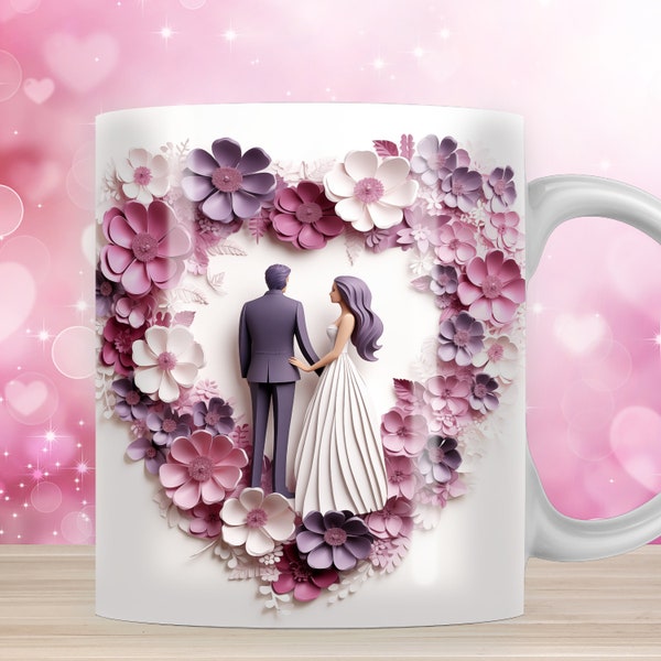 3D Wedding Couple Mug Wrap, 11oz & 15oz Mug Template, Mug Sublimation Design, White Flowers Mug Wrap Template, Instant Digital Download PNG