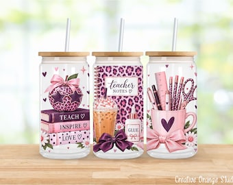 Pink Leopard Teacher 16oz Libbey Glass Can Wrap PNG, Coquette Sublimation Design  (Digital Download)