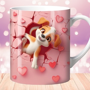 Envoltura para taza con diseño de cachorro rosa en 3D, plantilla para tazas de 325 ml y 400 ml, diseño de sublimación, plantilla para envoltura de taza, descarga digital instantánea PNG