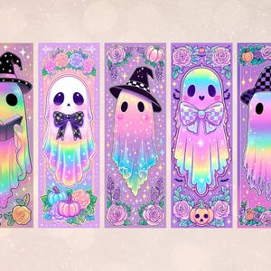 May include: Five colourful ghost illustrations on lavender backgrounds. Each ghost has a unique design, including witch hats, bow ties, and floral accents. Pumpkins and roses decorate the bottom of each design.