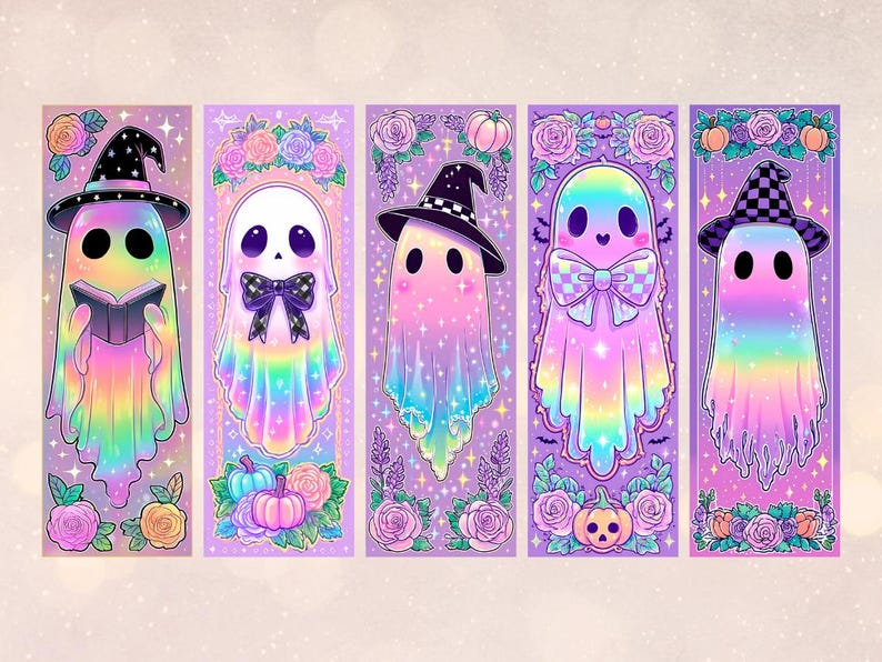 May include: Five colourful ghost illustrations on lavender backgrounds. Each ghost has a unique design, including witch hats, bow ties, and floral accents. Pumpkins and roses decorate the bottom of each design.