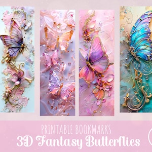 Peut inclure: Ensemble de 20 marque-pages imprimables représentant des papillons fantastiques en 3D dans différentes couleurs et designs. Les papillons sont représentés avec des détails complexes et sont placés sur un fond de fleurs et de volutes.