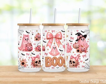 Pink Halloween 16oz Libbey Glass Can Wrap PNG, Ghost Coquette Bow Skull Girly Spooky Sublimation (Digital Download)