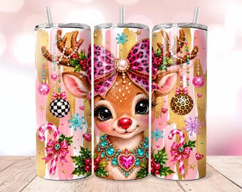 Pink Christmas Reindeer 20oz Skinny Tumbler Wrap PNG, Leopard Bow Sublimation Design, Digital Download