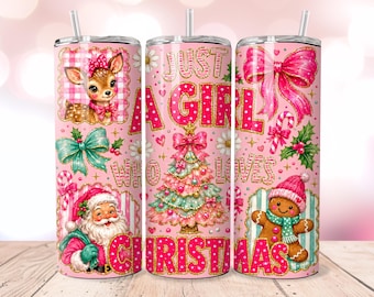 Just a Girl Who Loves Christmas 20oz Skinny Tumbler Wrap PNG, Pink Girly Holiday Sublimation, Digital Download