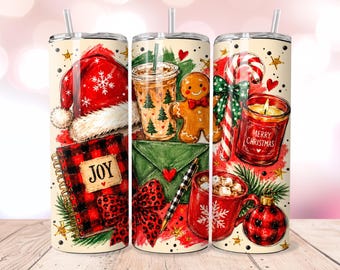 Christmas Coffee 20oz Skinny Tumbler Wrap PNG, Gingerbread Buffalo Plaid Leopard Bow Holiday Design, Digital Download