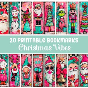 May include: A collection of 20 printable Christmas-themed bookmarks, each 2 inches by 6 inches. The bookmarks feature colorful illustrations of Santa Claus, snowmen, elves, and other festive characters. The text "Christmas Vibes" is displayed.